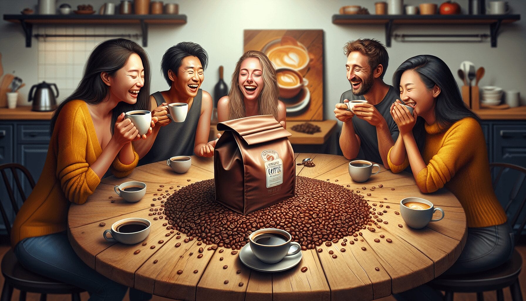 A warm and inviting scene depicting a lively coffee gathering, centered around a vibrant bag of coffee beans and a steaming mug of freshly brewed coff