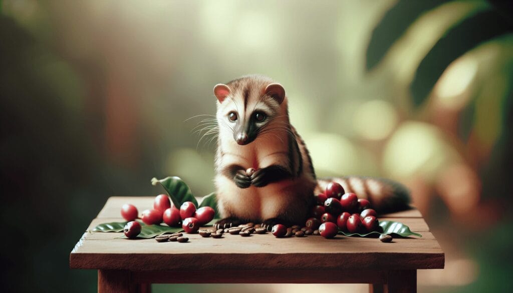 A minimalist depiction of an Asian palm civet sitting on a wooden table, surrounded by ripe coffee cherries and scattered coffee beans, with a softly