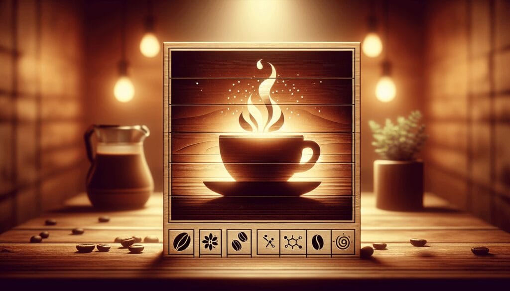 A minimalist image featuring a steaming cup of coffee placed on a rustic wooden table, surrounded by soft, warm lighting. Abstract icons representing