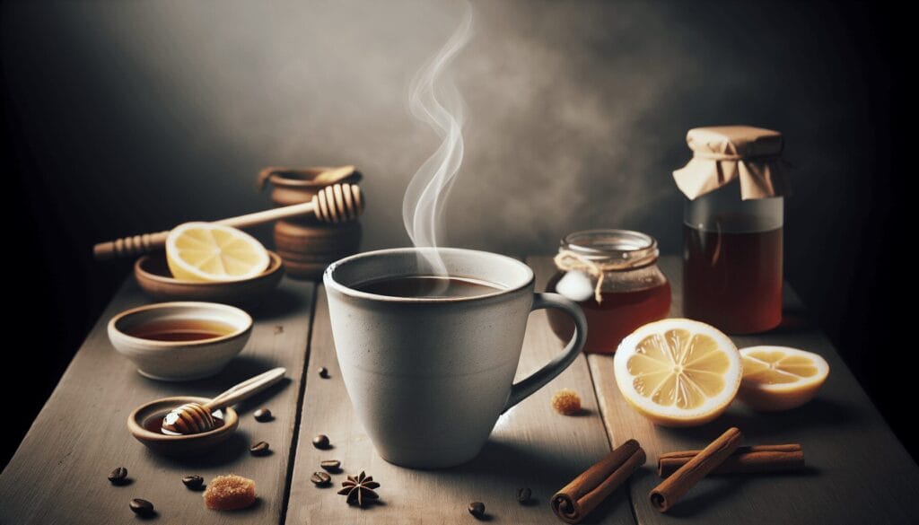 A steaming mug of coffee sits at the center of a plain wooden table, surrounded by neatly arranged slices of lemon, a small pot of honey, and a few ci