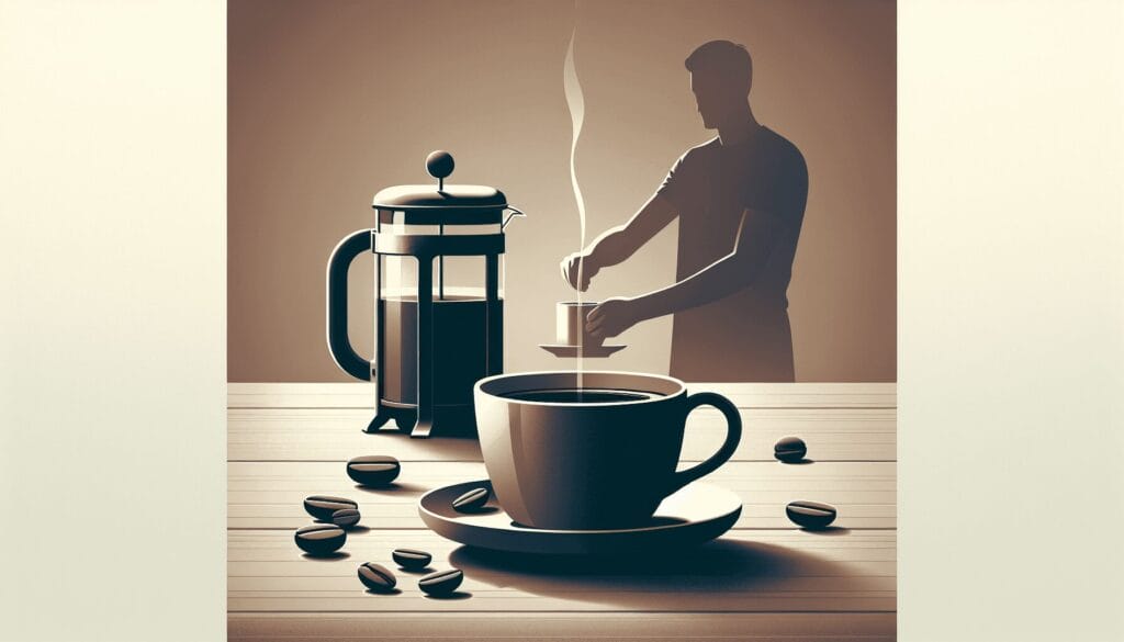 A steaming cup of strong coffee on a wooden table, surrounded by scattered coffee beans, with a French Press in the background where a Caucasian man i