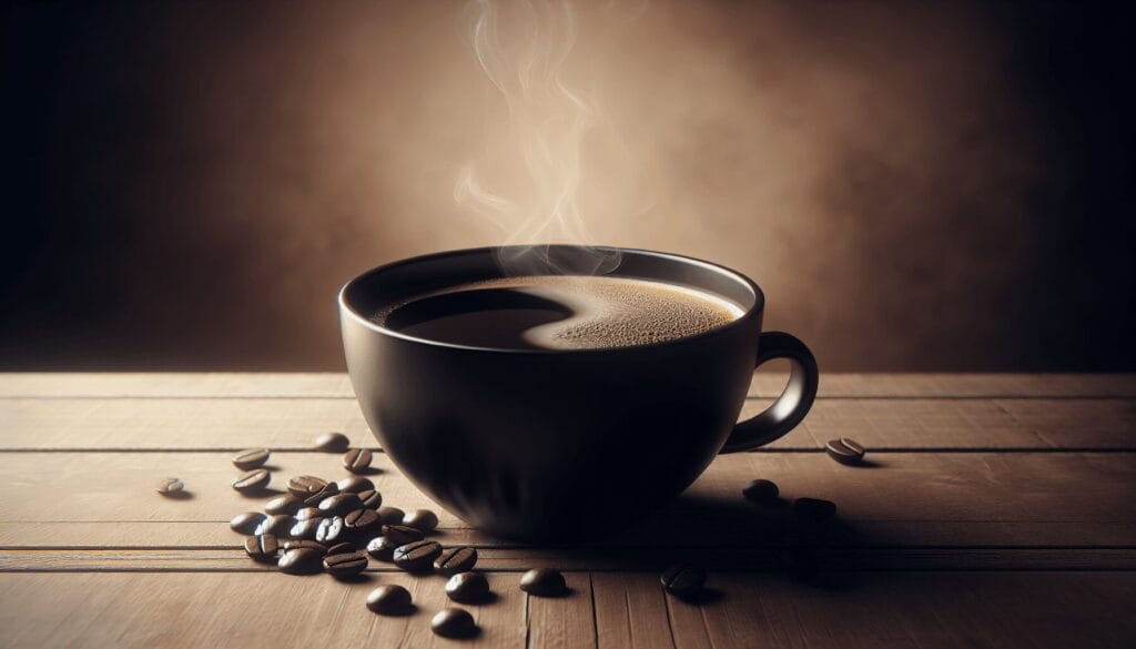A steaming cup of black coffee on a simple wooden table, surrounded by scattered coffee beans, with a softly blurred backdrop creating a warm, invitin