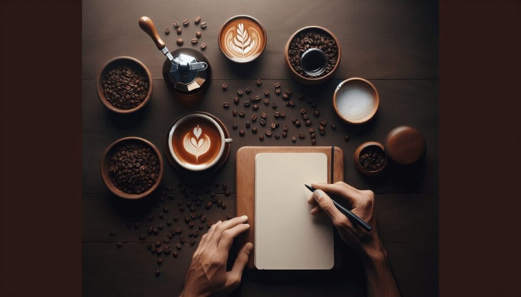 A minimalist composition showcasing a wooden table with a steaming cup of specialty coffee, surrounded by scattered coffee beans. A small notebook res