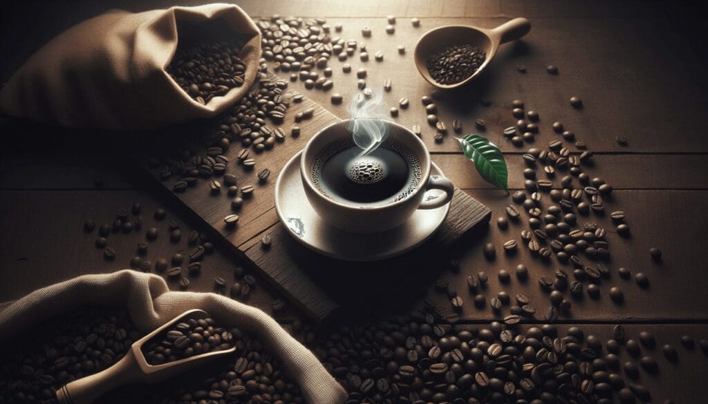 A minimalist image of a steaming coffee cup positioned on a simple wooden table, surrounded by an assortment of coffee beans from various regions incl