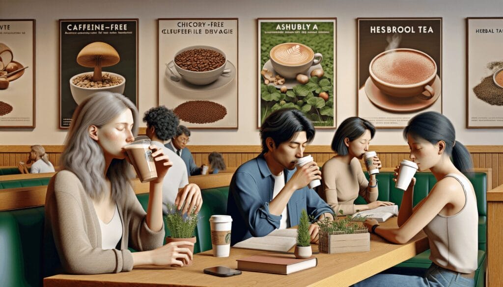 A cozy coffee shop interior filled with warm lighting, featuring a Caucasian woman gently sipping a chicory-based drink, an Asian man enjoying a mushr