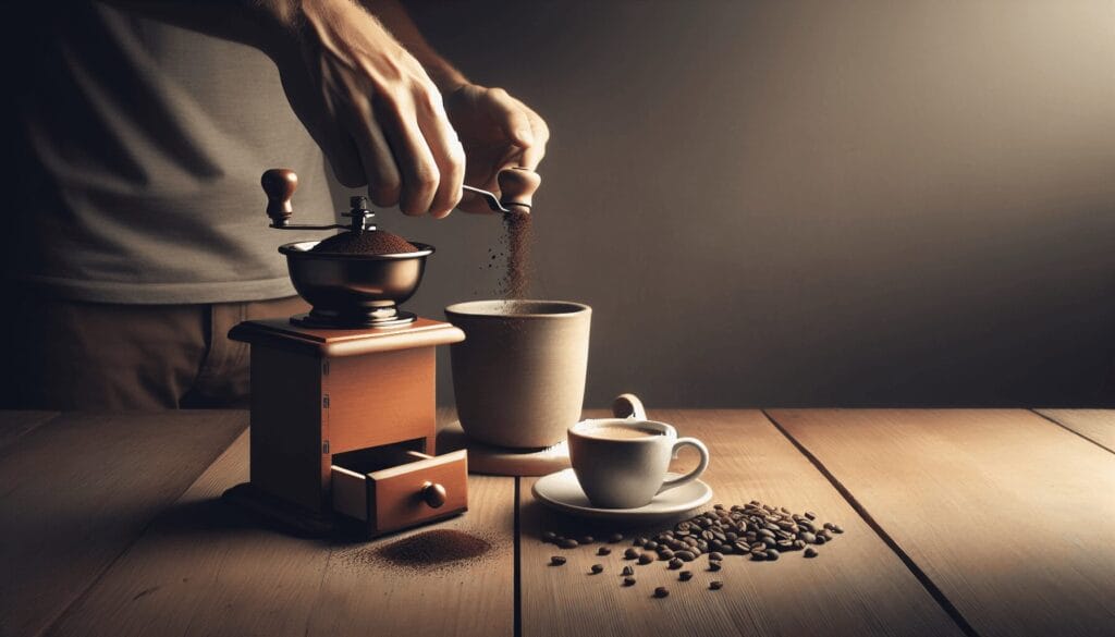 A wooden table with freshly ground coffee beans spilling from a coffee grinder next to a steaming cup of coffee, as a Caucasian individual gently pour